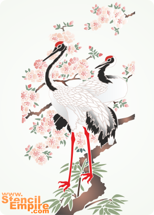 Żurawie i sakura - szablon do dekoracji
