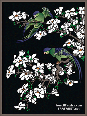 Papugi na magnolii - szablon do dekoracji